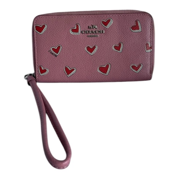 Coach Pink Heart-Patterned Women's Wristlet Wallet Clutch - Picture 2 of 10